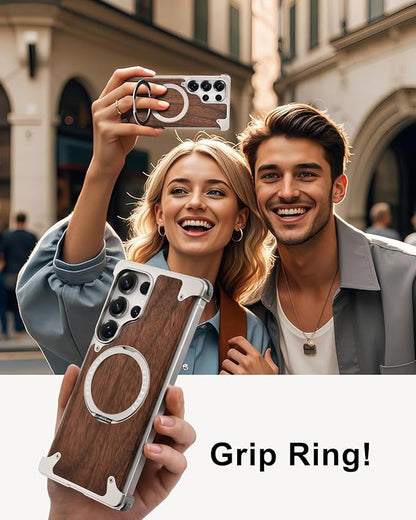 OATSBASF Magnetic Wood Case Compatible with Samsung Galaxy S25 Ultra, [Natural Wood & Aluminum] Shockproof Protective Cover Unique Wooden Case with 360° Ring Stand, Natural Titanium