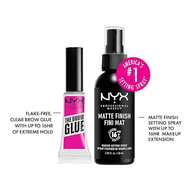 NYX PROFESSIONAL MAKEUP The Brow Glue, Extreme Hold Eyebrow Gel, Clear + Makeup Setting Spray, Matte Finish (2-Pack Bundle)