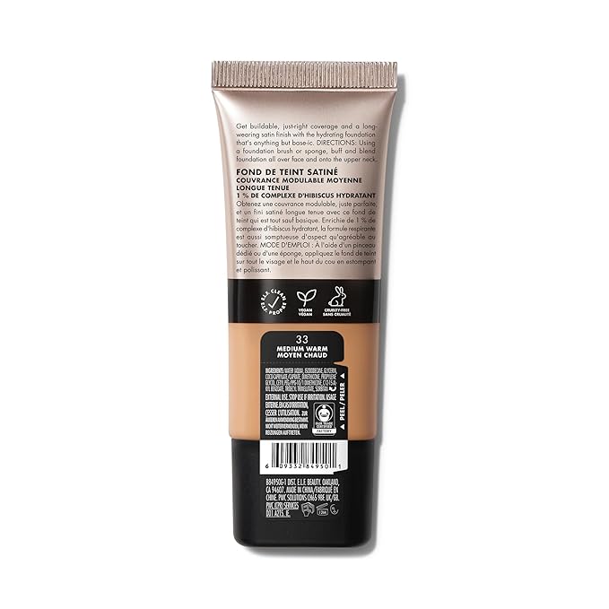 e.l.f. Soft Glam Foundation, Medium Coverage, Long-Lasting & Buildable Foundation For A Smooth, Satin Finish, Vegan & Cruelty-Free, 33 Medium Warm