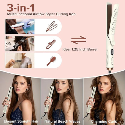 360° Airflow Styler Curling Iron, 1.25 Inch Hair Straightener and Curler 2 in 1, LED Display Curling Flat Iron with Cooling Air Vents to Lock in Style, Adjustable Temp Curling Wand (White)