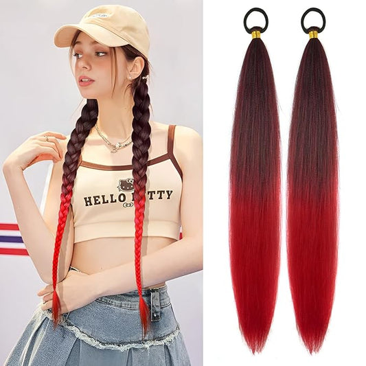 2 Pack Braid Ponytail Extension with Elastic Tie Straight Sleek Wrap Around Braid Wig Ponytail Black Red gradient 26 Inch (Black/Red)
