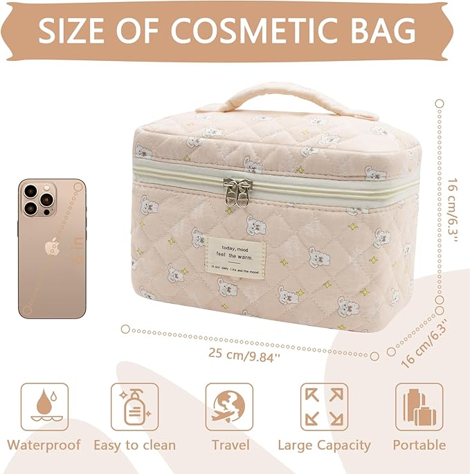1pc Large Makeup Bag, Cute Cosmetic Bag for Women Girls, Floral Coquette Aesthetic Toiletry Bag, Travel Make Up Organizer Bag (Star White Rabbit）