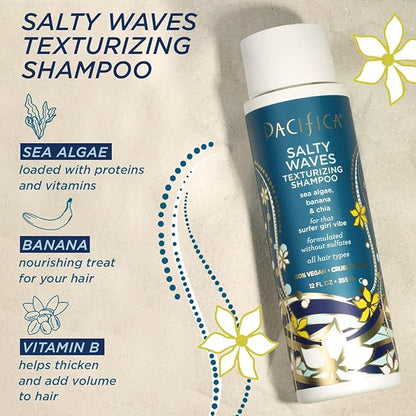 Pacifica Salty Waves Texturizing Shampoo - Beachy Textured, Messy Look, Hair Styles - Moisturizing Hair Care w/ Vitamin B & E - Banana Scent Clean Beauty Vegan & Cruelty-Free Dermatologist Tested