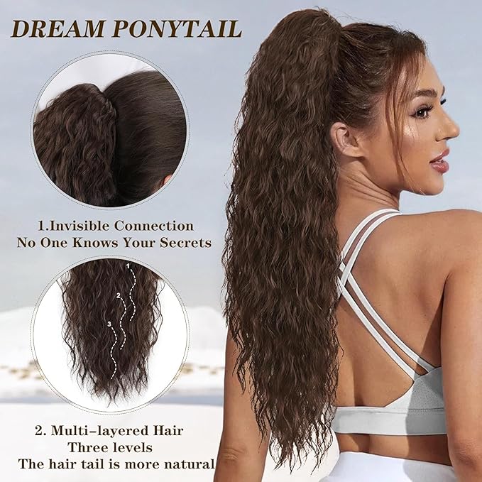 ORSUNCER Ponytail Extension Claw 26" Curly Pony Tail Clip in Claw Hair Extensions Fluffy Natural Looking Synthetic Hairpiece for Women Dark Brown