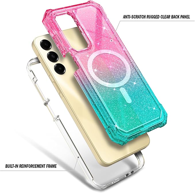 Designed for Samsung Galaxy A16 5G/4G Phone Case, Magnetic Compatible with MagSafe, [Raised Corners Drop Protection] Shockproof Protective Bumper Cover (Glitter Pink/Aqua)
