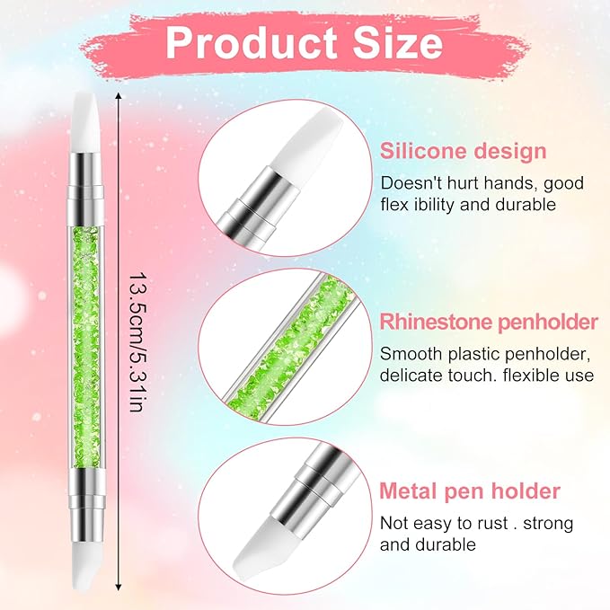3 Pcs Nail Art Sculpture Pen, Dual Tipped Silicone Nail Tools, Silicone Head Acrylic Handle Nail Art Brushes, Rhinestone Nail Polish Carving Pen, Nail Art Tools for Home Salon(Black Green Royal Blue)