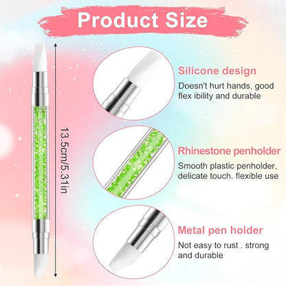 3 Pcs Nail Art Sculpture Pen, Dual Tipped Silicone Nail Tools, Silicone Head Acrylic Handle Nail Art Brushes, Rhinestone Nail Polish Carving Pen, Nail Art Tools for Home Salon(Black Green Royal Blue)