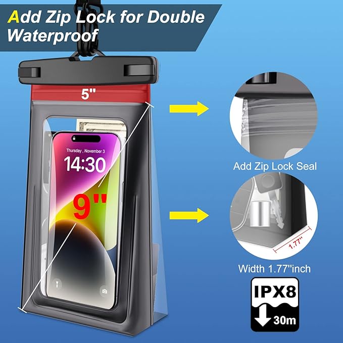 2Pack 9" Large Waterproof Phone Pouch Floating [with Zip Lock Seal], Cell Phone Dry Bag for iPhone 15 14 13 12 11 Plus Pro Max Samsung S23 S22 Ultra Water Proof Case Holder for Swimming