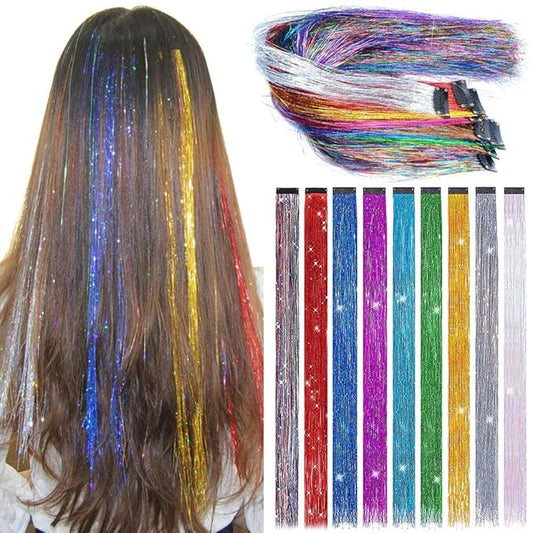 9 PCS Girls Hair Accessories Party Highlights Colorful Clip in Tinsel Hair Extensions，Synthetic Straight Long Hairpieces (Rainbow Color)