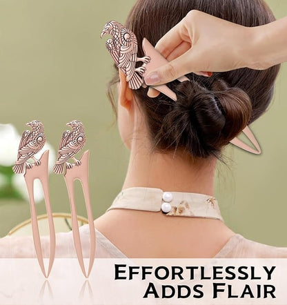 2pcs Antique Rose Golden Raven Prong Forks Styling Pins Black Wicca Witch Hair Stick Slide Renaissance Festival Hair Acceossories for Women 06