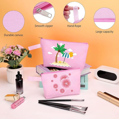 10 Pieces Cotton Canvas Makeup Bag with Bottom and Strap, Multi-Purpose Cosmetic Bag with Zipper Travel Toiletry Pouch, Blank DIY Craft Bag Pencil Bag (Pink, XS) (MN-WB07)