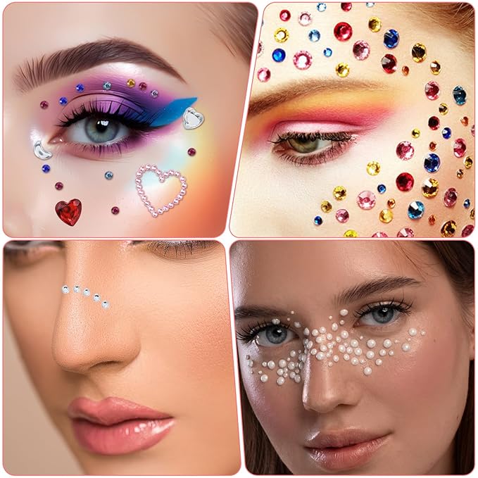 6 Sheets Face Gem Stickers Bling Heart Sticker With Tweezer Self-Adhesive Rhinestone Jewel Stickers Assorted Shapes Eye Jewels DIY Face Gems Stick on Hair Accessories For Girls for Makeup Body Crafts