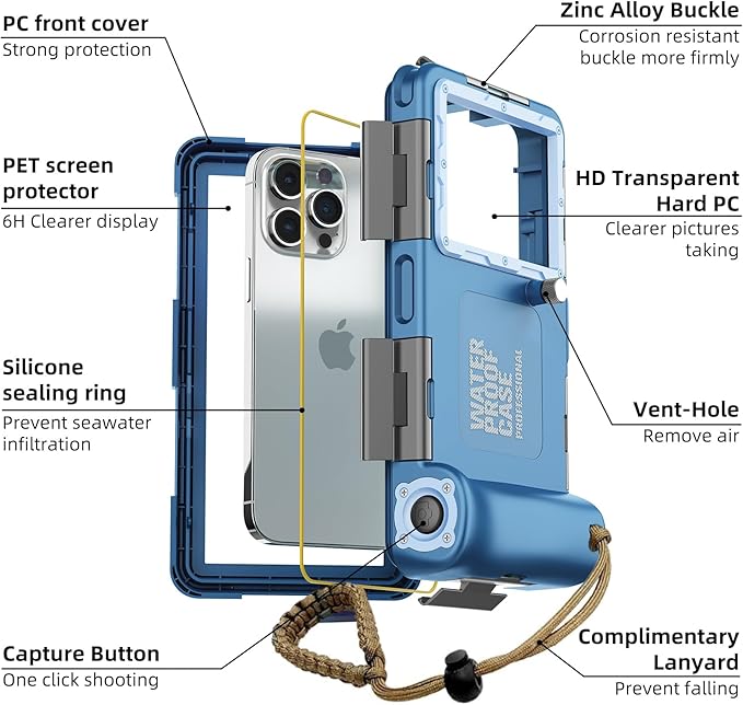 2025 Underwater Snorkeling Diving Phone Case for iPhone 16/15/14/13/12/11 Pro Max/XS/X Samsung Galaxy S24/S23/S22/，[50ft/15m] Professional Scuba Dive Waterproof Case Underwater Photo Video Cove-（Blue）