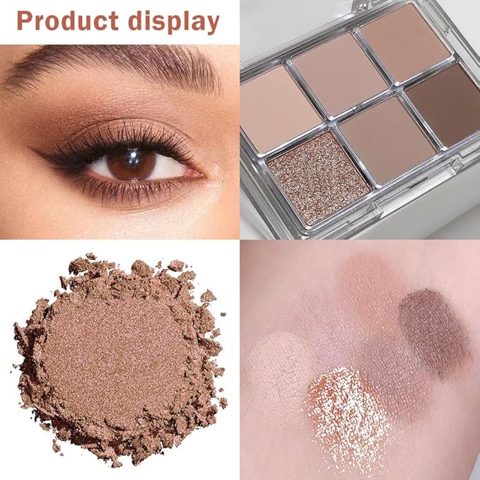 6 Colors Glitter Matte Eyeshadow Palette, Natural Nude Brown Coffee Shimmer Sparkly Eye Shadow Makeup, Warm Pastel Eyeshadows Palette Long Lasting Waterproof Naturing-Looking Women Girls Eye Shadow 02