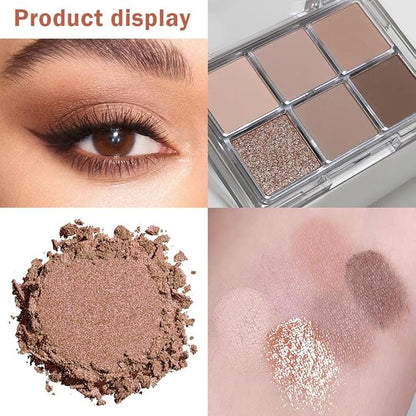 6 Colors Glitter Matte Eyeshadow Palette, Natural Nude Brown Coffee Shimmer Sparkly Eye Shadow Makeup, Warm Pastel Eyeshadows Palette Long Lasting Waterproof Naturing-Looking Women Girls Eye Shadow 02