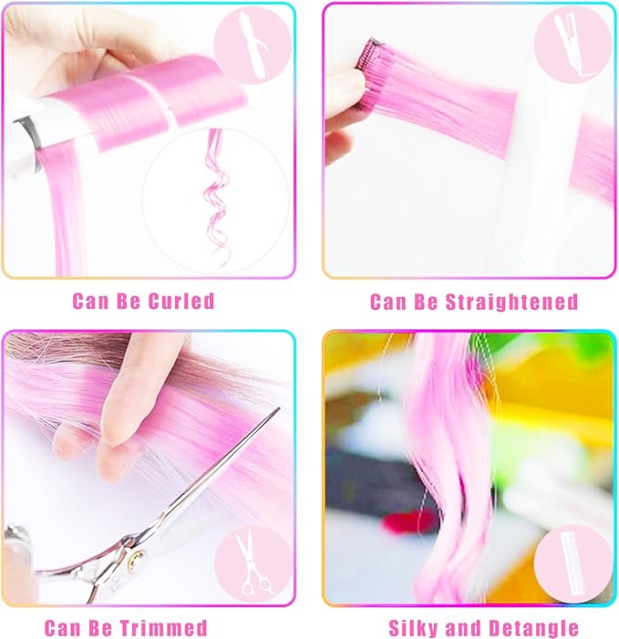 Ozzwolle 12 PCS Pink Hair Extensions Clip in, Party Highlights Clip in Hair Extensions 22 Inch Long Straight Hairpieces for Girls Kids Women Favor Gifts (Pink)