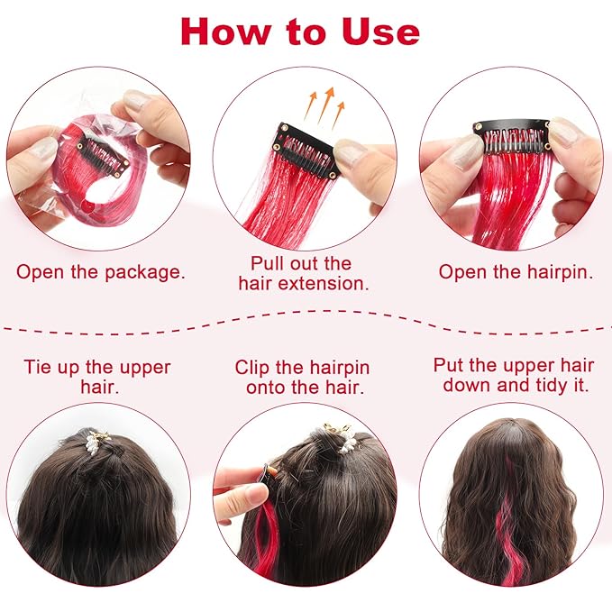 10 PCS Red Hair Extensions, Curly Wavy Synthetic Hairpieces Clip in Rainbow Neon Party Highlights, Colorful Hair Accessories for Girls Women 17 inch (Red)