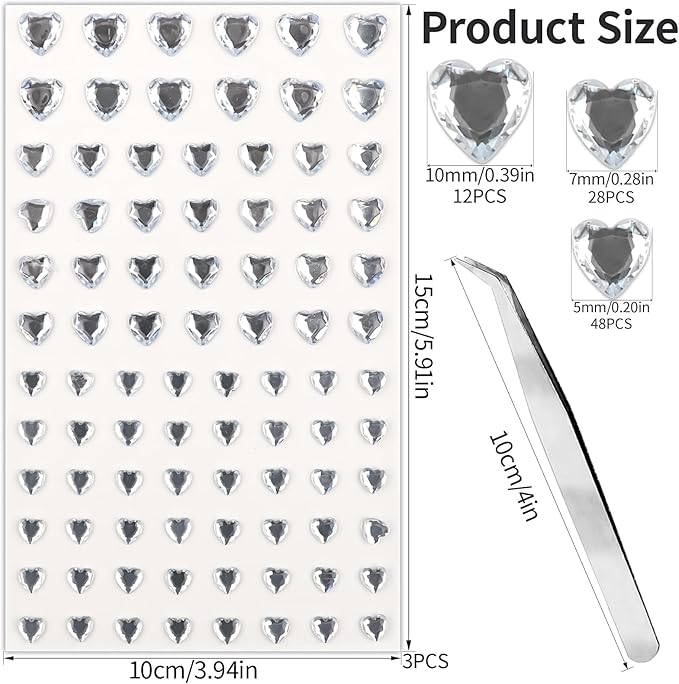 264Pcs Heart Face Gems Love Gems, Self-Adhesive Face Jewels Rhinestones 5/7/10 mm DIY Face Gems Stick on, Valentine Makeup Gems Rave Accessories for Face Eyes Hair Makeup Body, Crafts (Silver)
