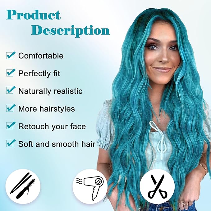 NAYOO Long Ombre Bluish Green Wavy Wig for Women 26 Inch Middle Part Curly Wavy Wig Natural Looking Synthetic Heat Resistant Fiber for Daily Party Use (Ombre Bluish Green)