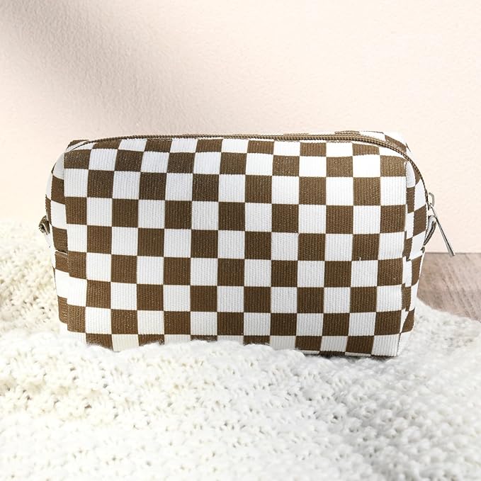 2 Pcs Checkered Makeup Bag Large Cosmetic Bag Toiletry Bag Makeup Pouch Travel Bag Organizer Cute Makeup Brushes Aesthetic Accessories Storage Bag for Women Coffee Brown