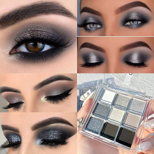 AMY'S DIARY Black Smokey Silver Glitter Shimmer Eye Eyeshadow Makeup Palette,9 Colors Cool Toned Matte Glitter Make Up Black Radiance Eyeshadow Palette Sombras De Ojos Profesional(A)