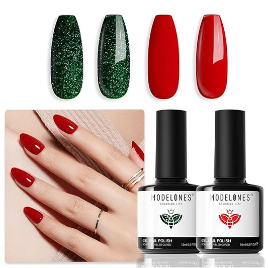 modelones Gel Nail Polish Set 2 Pcs 15 ML Red Green Glitter Gel Nail Polish Silver Champagne Rose Gold Spring Shades Polish Kit Soak Off Nail Art Manicure Home Gift For Women Girl