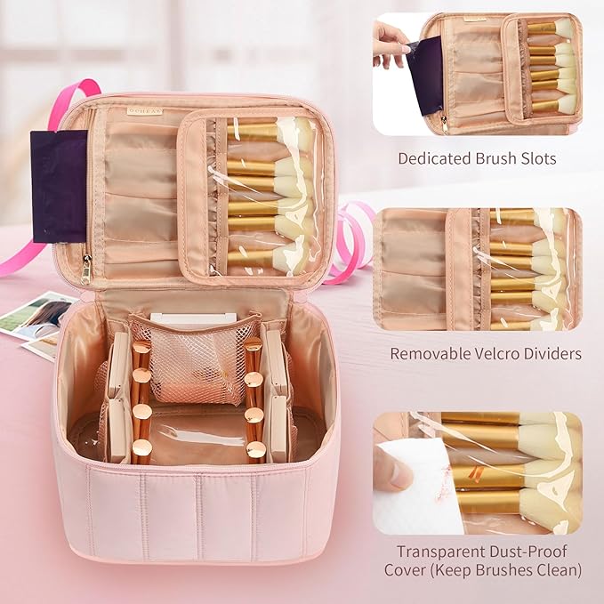 OCHEAL Travel Makeup Bag, Cosmetic Bags for Women Makeup Case Organizer Large Capacity Travel Toiletry Bag Storage Bags with Divider and Handle for Cosmetics Toiletries Brushes Tools-Pink