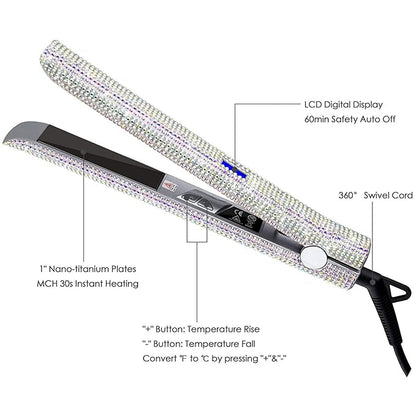 DORISILK Titanium Flat Iron for Hair, 480°F High Temp Hair Straightener Iron, Rhinestone Bling Flattening Iron, 2 in 1 Straightening Curling Professional Salon LCD Display Dual Voltage (AB Shine)