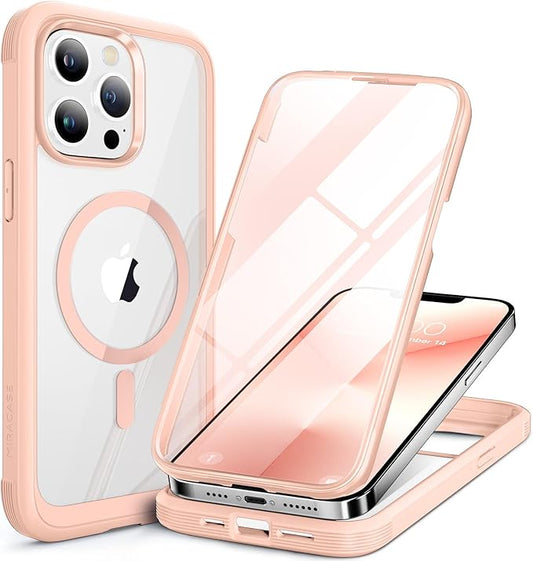 Miracase Magnetic Glass for iPhone 13 Pro Case,Compatible with MagSafe,Full-Body Bumper with Shockproof Military-Grade,Built-in 9H Tempered Glass Screen Protector for iPhone 13 Pro,Pink