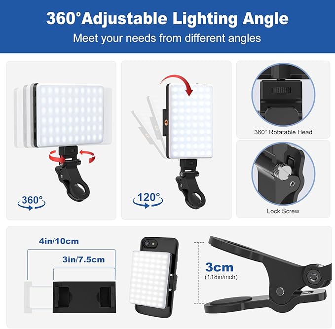 Selfie Light, Phone Light with Front & Back Clip, 60 LED Portable Light with 3 Modes, 5000mAh Rechargeable Video Light for Phone, iPhone, IPad, Laptop, TikTok, Makeup, Live Stream, Vlog