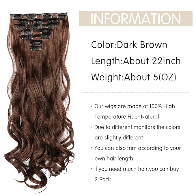 22 Inch Clip In Hair Extensions 7 PCS Long Wavy Synthetic Black Hair Extension & Natural Soft Invisible Clip Thick Hairpieces for Women Daily(20Inch, 7pcs, Dark Brown)