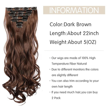 22 Inch Clip In Hair Extensions 7 PCS Long Wavy Synthetic Black Hair Extension & Natural Soft Invisible Clip Thick Hairpieces for Women Daily(20Inch, 7pcs, Dark Brown)