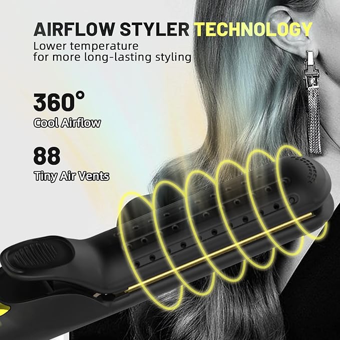 360°Airflow Styler Curling Iron | Wizchark Flat Iron Curling Iron in One | 2 in 1 Hair Straightener and Curler for All Styles | Professional Curling Wand with Cooling Air Vents Dual Voltage Hair Tools