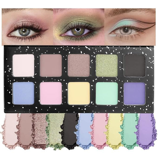 Ten Color Matte Shimmer Eyeshadow Makeup Palette, Nude Brown Green Yellow Blue Purple Pink 10Color Series, Prom Velvety Matte Glitter Finish Eye Makeup Looks,Vegan & Cruelty-Free, Built-in Mirror 02#