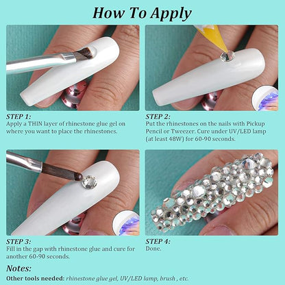 6 Sizes Transparent White Silver Glass Crystal Kit with Pickup Pen + Tweezer Tools for Shine Nail Art Manicure Makeup DIY Decoration Flatback Round Rhinestone Gem Jewelry Diamond