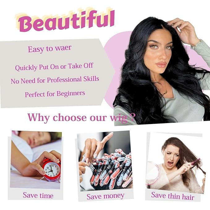 26 inch Lace Hairline Long Black Wigs for Women, Middle Part Long Curly Wig Heat Resistant Synthetic Hair Looking Natural, Fiber Wig for Daily Party Use