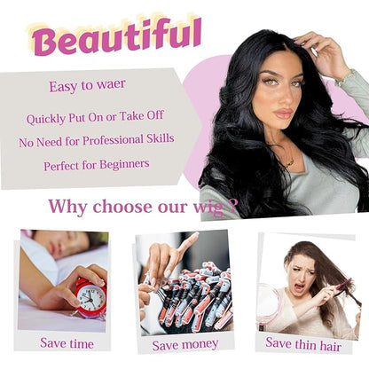 26 inch Lace Hairline Long Black Wigs for Women, Middle Part Long Curly Wig Heat Resistant Synthetic Hair Looking Natural, Fiber Wig for Daily Party Use