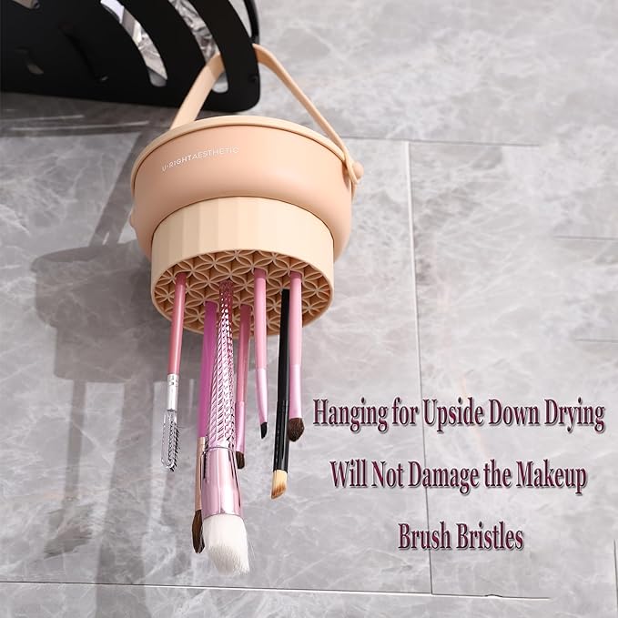 3 in 1 Brush Cleaning Mat with Brush Drying Holder, Silicone Makeup Brush Cleaner Mat Make Up Brush Cleaning Bowl Cosmetic Brush Washing Tool for Makeup Brush, Sponge, Powder Puff (Purple)