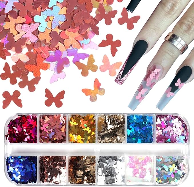 3D Butterfly Nail Glitter Sequins Holographic Laser Butterfly Nail Art Stickers Decals Butterfly Glitter Nail Designs Confetti Nail Sparkle Glitter Flakes Butterflies for Acrylic Nails Craft,12Girds