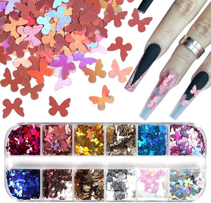 3D Butterfly Nail Glitter Sequins Holographic Laser Butterfly Nail Art Stickers Decals Butterfly Glitter Nail Designs Confetti Nail Sparkle Glitter Flakes Butterflies for Acrylic Nails Craft,12Girds