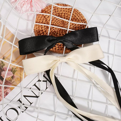 4 PCS Tassel Ribbon Bowknot Hair Clips With Long Tail for Women Girl Teens Kids, Solid Holder Fashion Bow Bowknot Hair Accessories Headwear Barrettes Claw(Black&Beige)