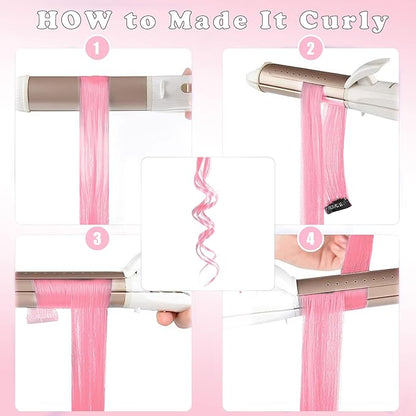 12 PCS Pink Hair Extensions Clip in, 20 Inch Colored Hair Extensions Party Highlights Long Straight Synthetic Hairpieces for Women Kids Girls Cosplay