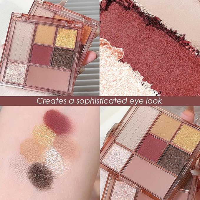 Seven Color Matte Shimmer Eyeshadow, 7 Red Nude Brown Golden Champagne Pressed Powder Eyeshadow, Daily Silky Makeup Eyeshadow Palette, Easy to Carry, Vegan & Cruelty-Free, 01# 0.32 Oz