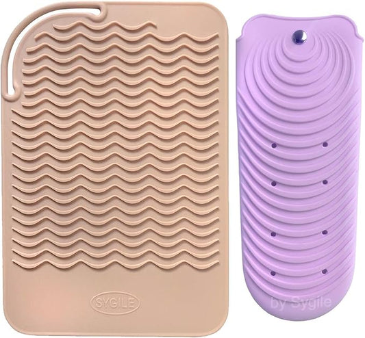2in1 11" X 7.5" Blush Pink Large Heat Resistant Silicone Mat, Anti-Heat Travel Pad and Purple Pouch for Hair Straighteners, Curling Irons, Flat Irons and Hair Styling Tools Holder