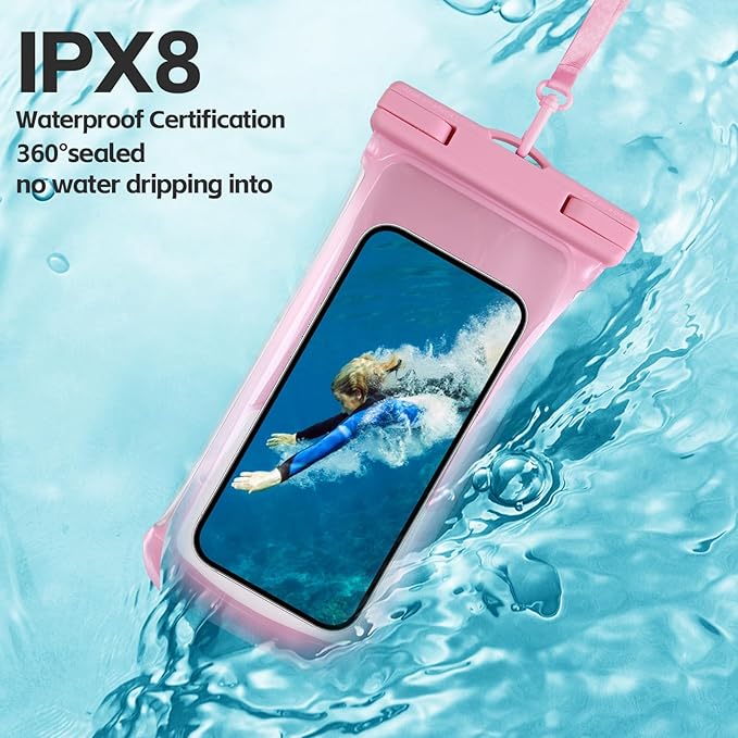 2PCS Waterproof Phone Pouch- [3D Soft Edges Design ], Waterproof Phone Case for iPhone Galaxy Google Up to 8", Dry Bag for Beach Cruise Travel, Pink/Pink