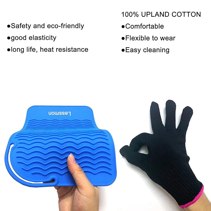 Heat Resistant Mat Pad and Heat Resistant Glove for Curling Irons, Hair Straightener, Flat Irons and Hair Styling Tools 9" x 6.5", Blue by Lessmon