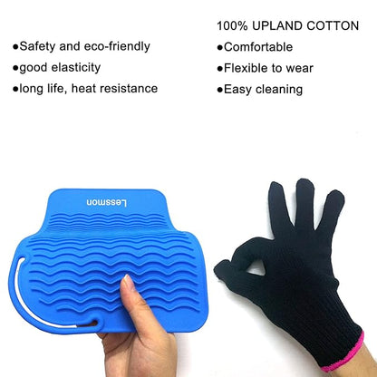 Heat Resistant Mat Pad and Heat Resistant Glove for Curling Irons, Hair Straightener, Flat Irons and Hair Styling Tools 9" x 6.5", Blue by Lessmon