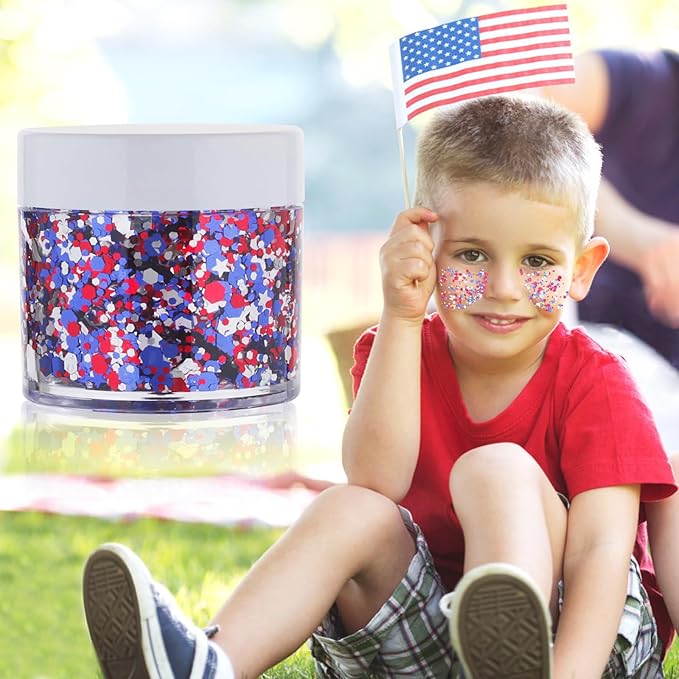 Red White Blue USA Flag Patriotic Memorial Day Face Glitter,4th of July Accessories Independent Day Body Glitter Face Paint,Fourth of July Outfits for Women,Festival Celebrations Makeup