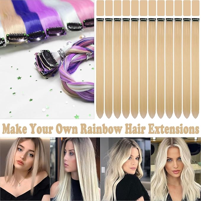 12 PCS Blonde Hair Extensions Clip in for Kids, 20 Inch Colored Party Synthetic Neon Highlights Extensions, Rainbow Hair Accessories for Girls Women Hair Pieces