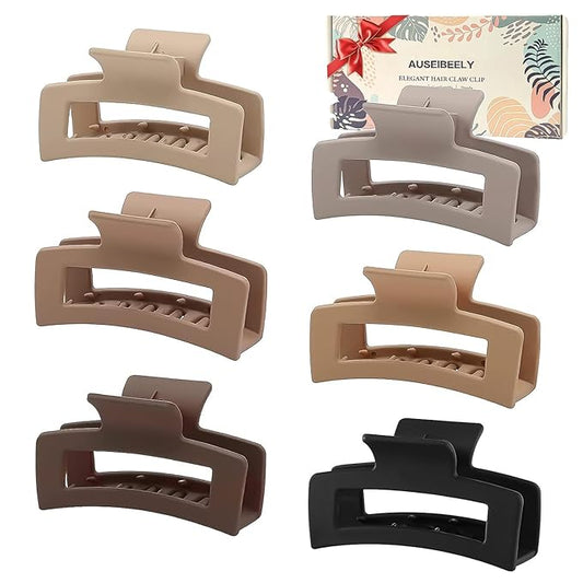 6 Pack Square Claw for Women Girls, 3.5" Medium Non-slip Rectangular Matte Clips Strong Hold Jumbo Hair Styling Accessories, Brown